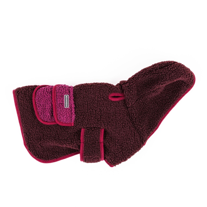 Wilderdog Double-Layered Hooded Sherpa Fleece Dog Jacket with Belly Strap, Leash Hole, Back Snap Pocket Small Berry