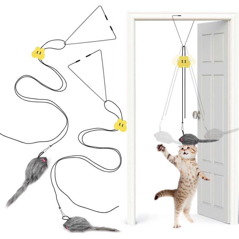 2PCS Hanging Cat Toys for Indoor Cats, Door Hanging Cat Toy, Retractable Mouse Teaser Toy, Home Alone Self Play Cat Toys, Kitty Toys for Indoor Cats Kitten Mental Physical Stimulation Training 2 Triangular Clamps