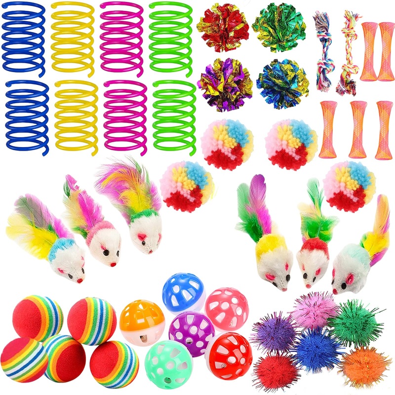 46 PCS Cat Toys for Indoor Cats, Kitten Toys with Cat Spring Toy, Mint Catnip Toys for Cats with Crinkle Cat Toy Mouse Cat Ball Toy for Indoor Cats Kittens Exercise C 46Pcs