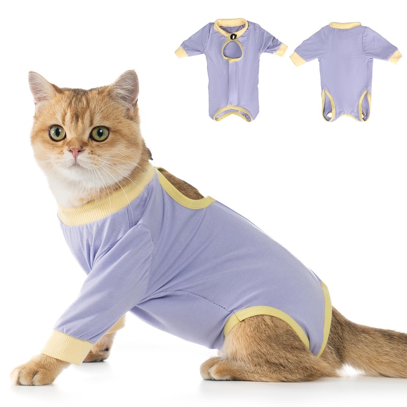 Avont Cat Recovery Suit – Kitten Onesie with Front Sleeves for After Surgery, Female Spay Surgical Abdominal Wound Skin Diseases E-Collar Alternative Wear -Purple(M) Purple Medium