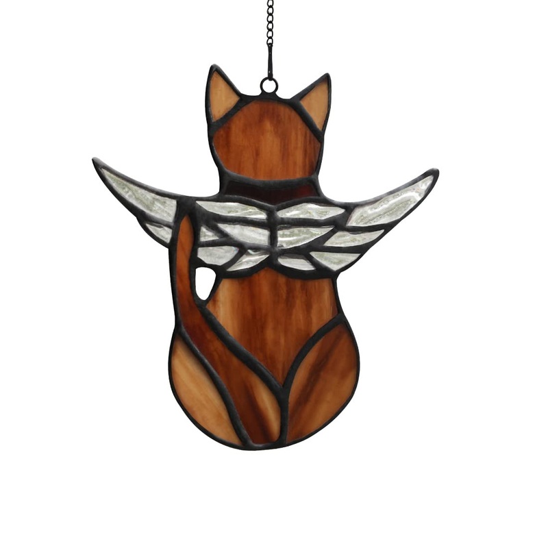 BOXCASA Angel Cat Memorial Gift Stained Glass,Angel Wings Cat Stained Glass Window Hanging,Cat Sympathy Gifts for Cat Lovers,Loss of Cat Sympathy Gift,Pet Memorial Gifts Cat Gift for Women E
