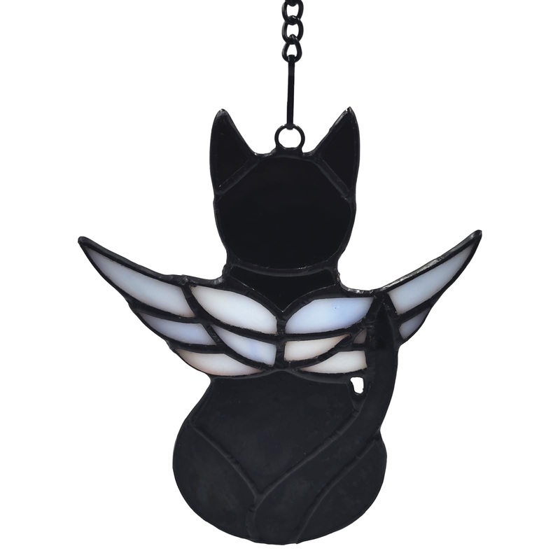 Cat Memorial Gift for Cat Lovers,Angel Cat with Colorful Wings,Handcrafted Stained Glass Cat Suncatchers Decor,Cat Lovers Gifts Ornaments,Pet Memorial Sympathy Gifts Decoration (Black Cat) Black Cat