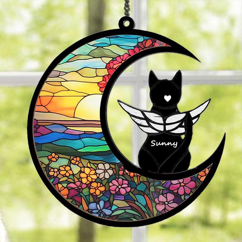 Cat Memorial Gift for Loss of Cat-Pet Remembrance Sympathy Ornament Personalized Date Name Pattern Angel Cat on Moon Gifts for Cat Lovers Flower moon cat