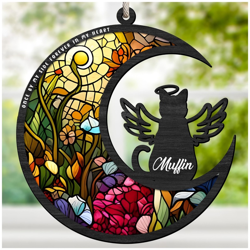 Cat Memorial Suncatcher for Windows Stained Glass,Pet Sympathy Gift to Memorialize The Loss,Unique Angel Cat Statue Suncatchers with Personalized Decorations Cat Memorial