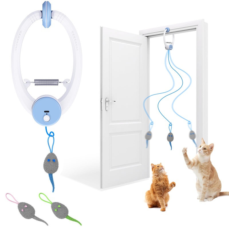 Cat Toy Interactive for Indoor Cats, Smart USB Rechargeable Door Hanging Automatic Retractable Kitten Toys, Teaser Electronic Self Play Feather Cat String Toy Attached with 3 Catnip Mice White Blue