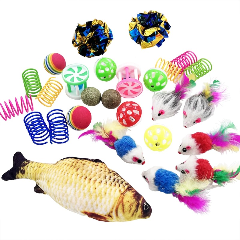Cat Toys 27 Packs Combo Set, Cat Catnip Fish and Ball Toy, Cat Bell Balls Crinkle Balls, Cat Spring Toys, Plush Mices Attract Cats to Swat, Bite, Hunt, Interactive Toys
