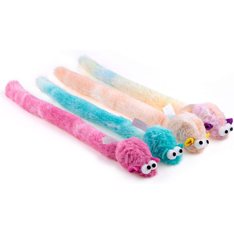 CHIWAVA 4 Packs 15 Inch Long Soft Plush Cat Toys Mice with Bell Rustle Sound Small Mouse Activity Interactive Toy Plush Mice with Bell