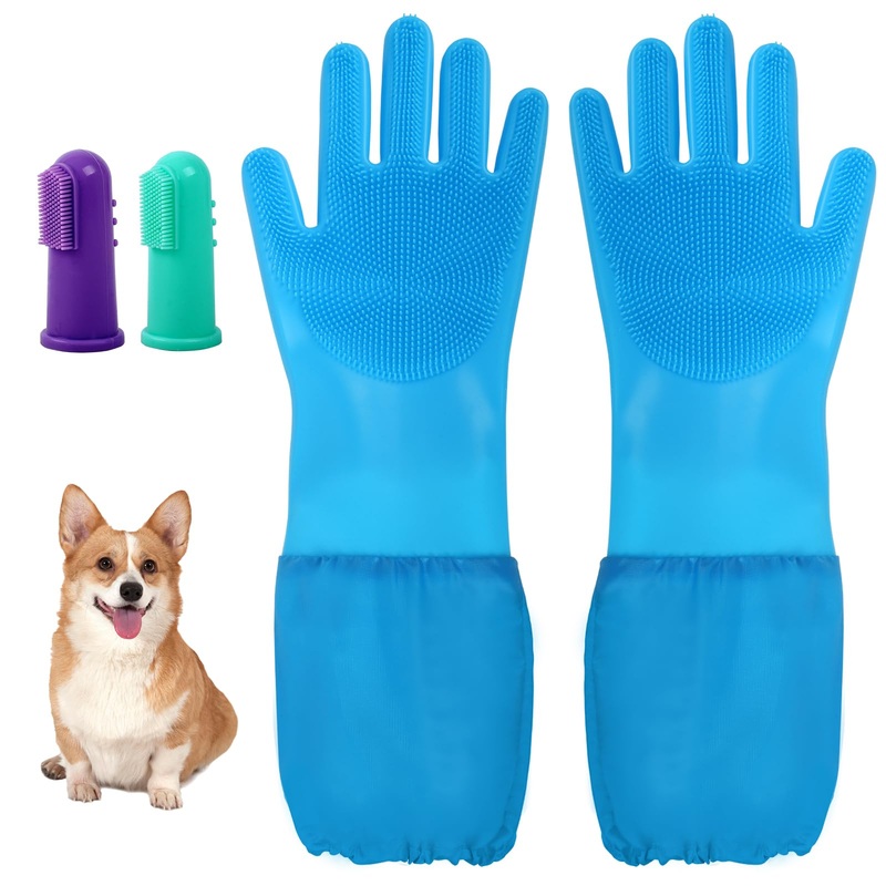 Dog Washing Gloves- Silicone Bathing Gloves for Dogs and Cats – Gloves with Extended Length Enhanced Five Finger Design for Gentle Massaging, Shedding & Cleaning – Comfortable for Pets(Blue)