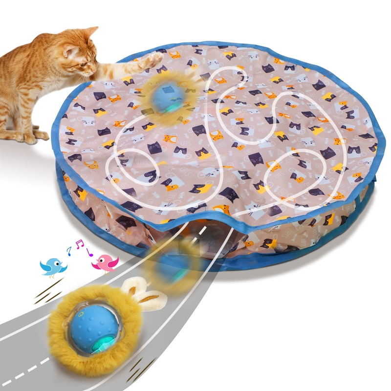 Interactive Cat Toys Ball Fast Rolling in Pouch, Motion Activate Chirping Cat Toy Hide and Seek Mouse Catching Game (Blue) Blue
