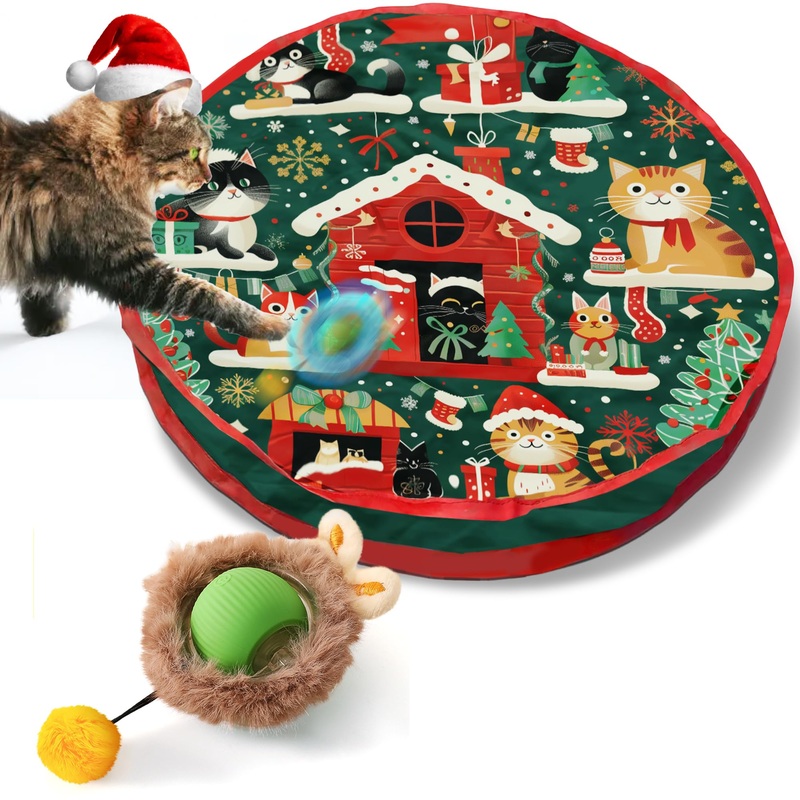 Interactive Christmas Cat Toy  Rechargeable Motion-Activated Rolling Ball in Plush Pouch with LED Light Mouse, Perfect Indoor Hunting and Exercise Toy for High-Energy and Bored Cats