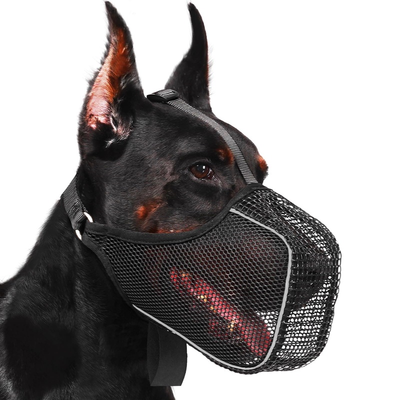 Mayerzon Dog Muzzle, Mesh Muzzle with Panting Room for Large Medium Small Sized Dogs, Soft Muzzle to Prevents Biting Eating for Grooming Vet Visit Walking, Reflective and Full Covered Black L