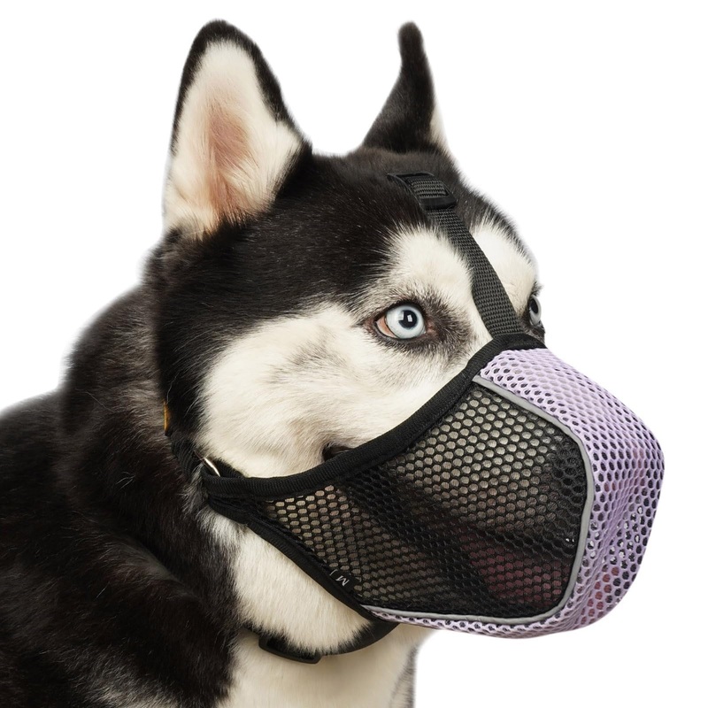 Mayerzon Dog Muzzle, Patented Mesh Soft Muzzle for Large Medium Small Dogs for Scavenging Grooming Biting Chewing, Breathable Reflective Doberman Husky Muzzle with Collar for Labrador Retriever Poodle Black/Purple M-(Snout:9″-10″)