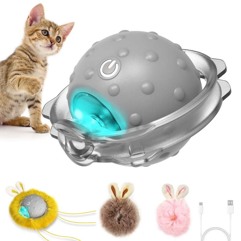 Motion Activate Interactive Cat Toys – Automatic Moving Ball Toys for Indoor Cats, Self Rotating Ball with Lights, Electric Cat Mice Toys, USB Rechargeable, Auto On/Off
