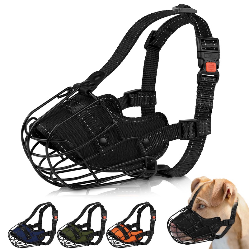 OOPSDOGGY Pitbull Dog Muzzle Reflective Metal Mask Secure Wire Basket Muzzle for Large Sized Dogs Amstaff Soft Cage Muzzle to Prevent Biting Chewing with Adjustable Nylon Straps (Black, Pitbull) Black