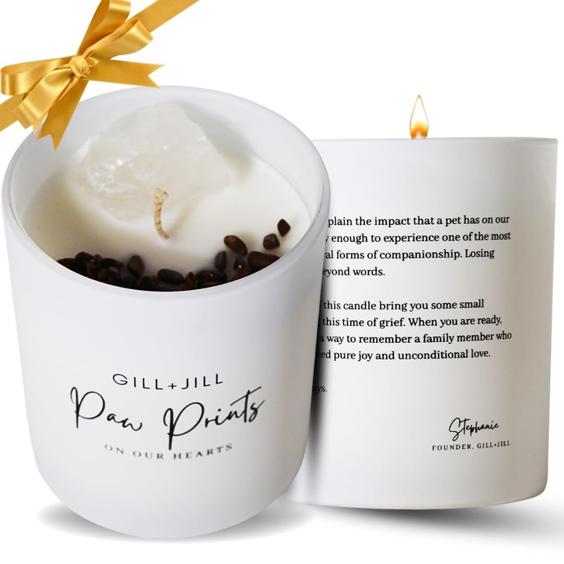 Paw Prints Pet Memorial Candle, Pet Loss Sympathy Gift, Cat Memorial, Rainbow Bridge Dog Memorial Gifts Paraffin-Free 100% Natural Soy Wax Blend with Clear Quartz, Tiger Eye and Coffee Beans