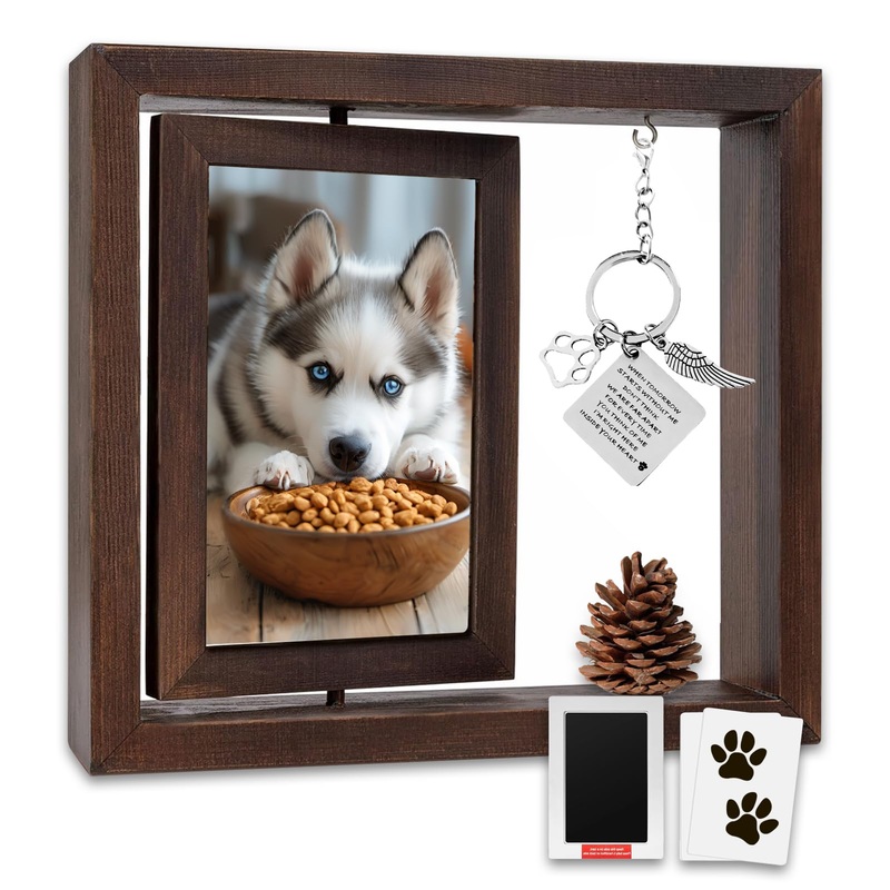 Pet Memorial Gifts for Dogs Cats, Dog Memorial Rotating Wooden Picture Frame for 4×6 Photo, Dog Bereavement Remembrance Picture Frame With Pet Paw Print Kit, Loss of Dog Sympathy Gift