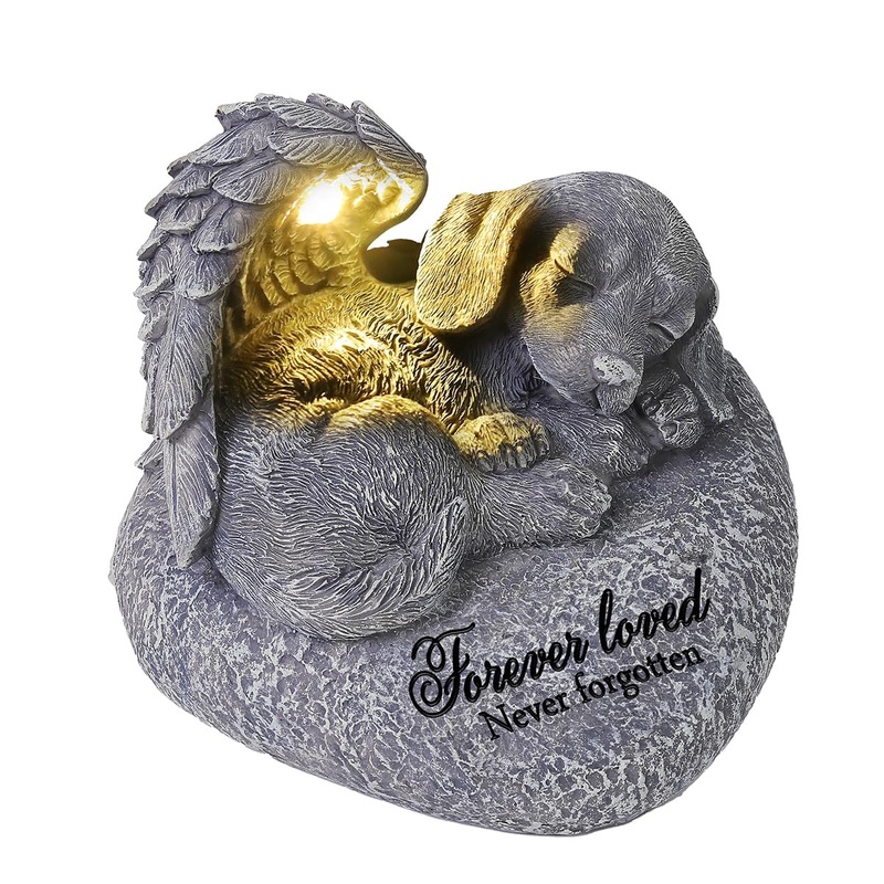Pet Memorial Gifts for Dogs,Hand-Sculpted Resin Pet Loss Sympathy Gift with LED Light, Pet Angel Sleeping Dog Memorial Stone Statue Pet Headstone Grave Markes for Loss Dog Sympathy Gift