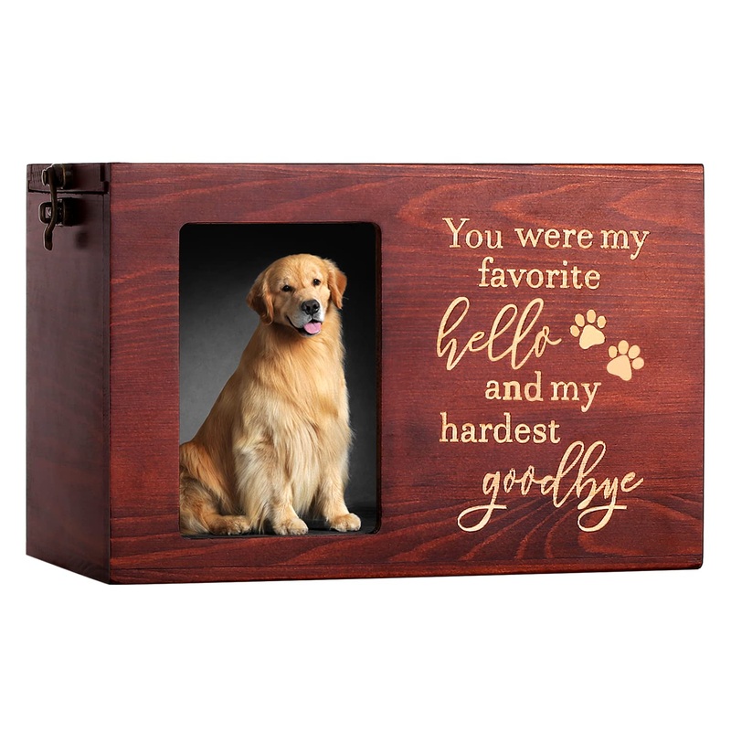 Pet Memorial Urns for Dog or Cat Ashes, Large Wooden Funeral Cremation Urns with Photo Frame, Memorial Keepsake Memory Box with Black Flannel as Lining, Loss Pet Memorial Remembrance Gift Goodbye