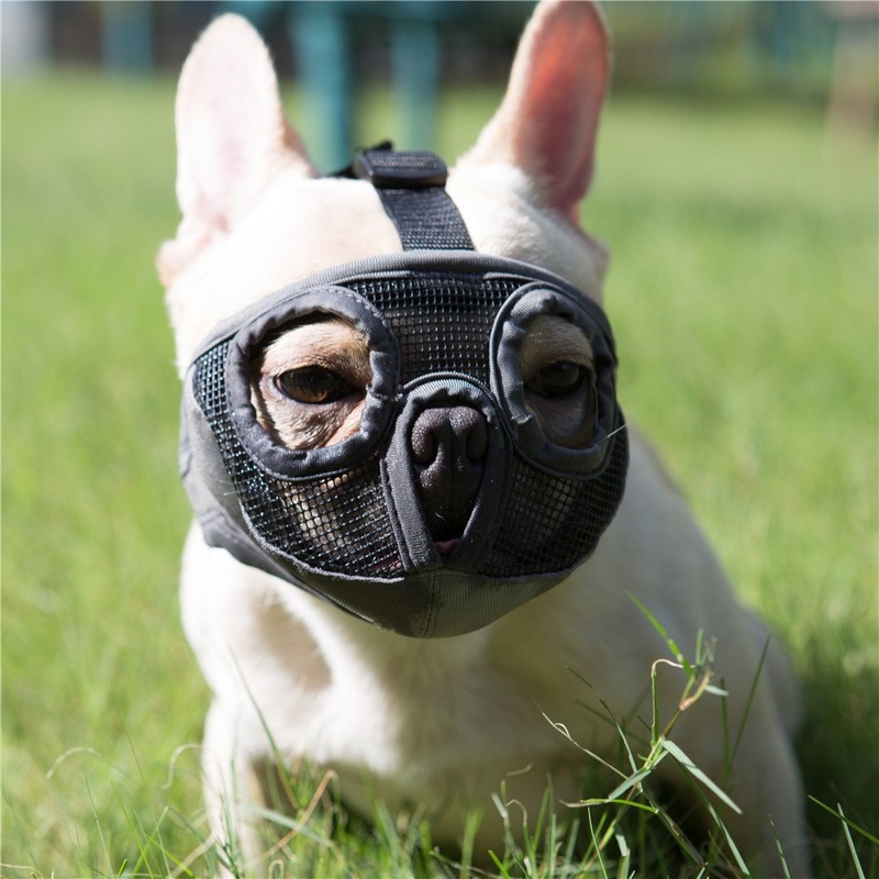 Short Snout Dog Muzzle- Adjustable Breathable Mesh Bulldog Muzzle for Biting Chewing Licking Grooming Dog Mask,Grey(Eyehole) S Small/9″-12″ Grey(Eyehole)
