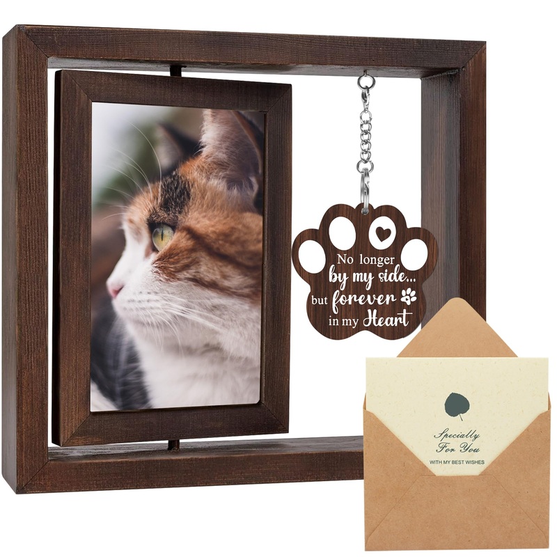 SHOW-YA Cat Memorial Gifts for Loss of Cat – Pet Memorial Gifts Cat,Loss of Cat Sympathy Gift, Cat Passing Away, Pet Remembrance Gift Cat,Rotating Wooden Cat Picture Frame 4×6 Photo