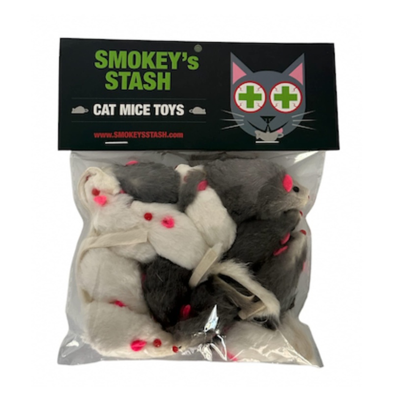 Smokey’s Stash Rabbit Fur Mouse Cat Toy 12 per Pack White and Gray Fuzzy Toys for Cats with Rattle Realistic Fake mice (12)