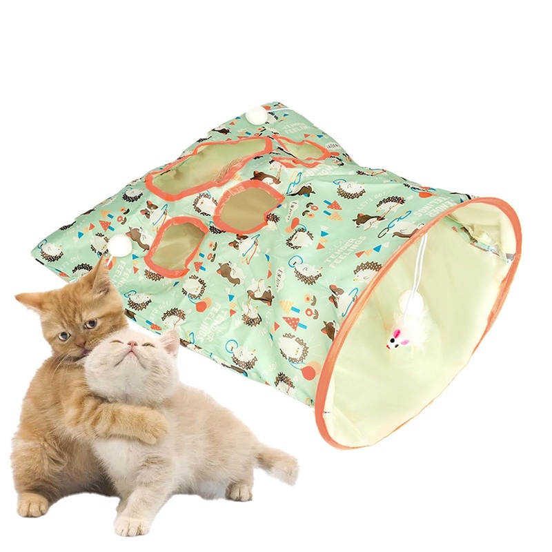 SYCOOVEN Cat Tunnel Bag for Indoor Cats, Pet Collapsible Tunnel Crinkle Sack Bag with 1 Little Mouse & Toy Ball, Crinkle Paper Interactive Cat Toys Hide and Seek(Green Pattern) green pattern