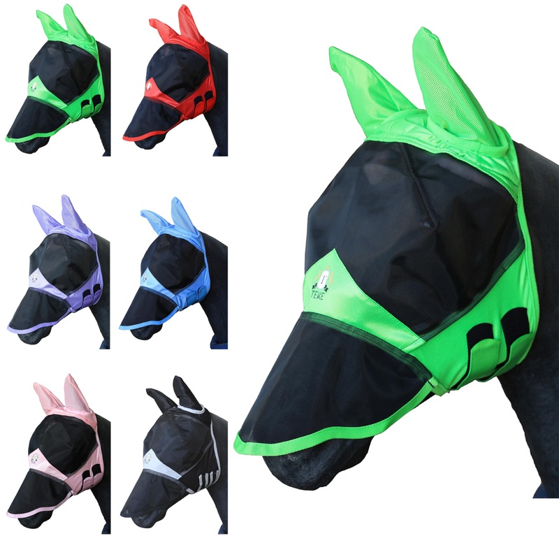 T TEKE Fine Mesh Horse Fly Mask w/Ears & Nose, UV Blocking 3D Eye Visor with Extra Fleece Cushioned Forehead, Protection from Insect Pests Full Green