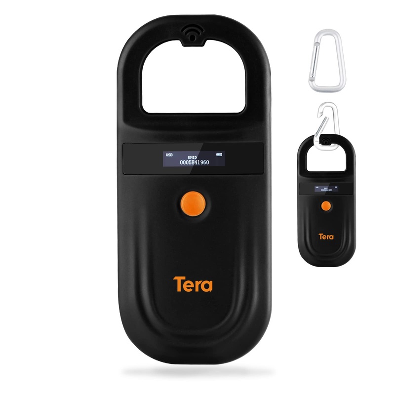 Tera Pet Microchip Reader Scanner with D-Ring RFID Portable Animal Chip ID Scanner with OLED Display Screen Rechargeable Data Storage Tag Scanner EMID FDX-B(ISO11784/85) for Dogs Animal Management W80 Black