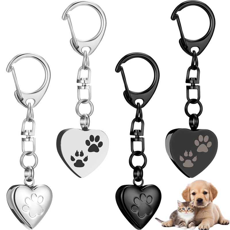Tondiamo 4 Pcs Pet Keychain Urn for Ashes Dog Cat Stainless Steel Pet Cremation Jewelry Heart Shaped Dog Ashes Keychain Paw Print Memorial Urn for Women Men Memorial Keepsake Pendant