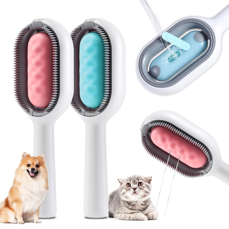 4 in 1 Pet Hair Removal Comb with Gravity Water Tank, Cat Dog Massage Brush Self Cleaning Grooming Wet Comb for Shedding Fur (Long Hair, 2PCS) Long Hair, 2PCS
