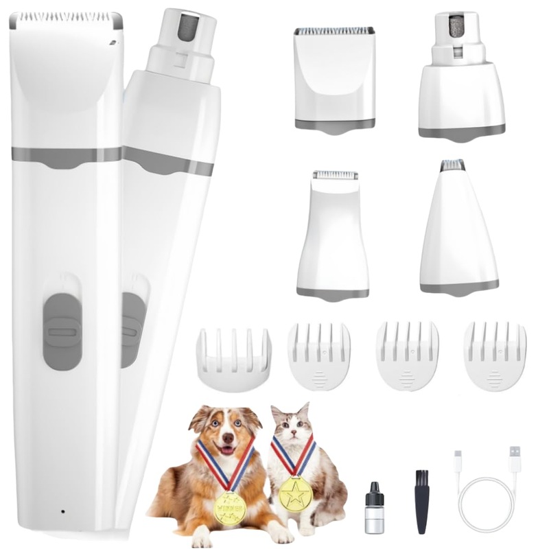 4 in-1 Professional Pet Grooming Kit with Nail Grinder – Cordless Electric Trimmer for Dogs & Cats – Low Noise USB Rechargeable