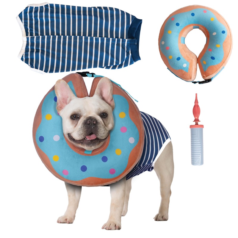 Barks & Mulligans Bundle Surgical Recovery Suit for Dogs After Surgery Onesie and Dog Donut Collar, Dog Surgery Suit Female Spay and Male Kit with Dog Cones for Large Dogs, Medium and Small, with Pump Blue