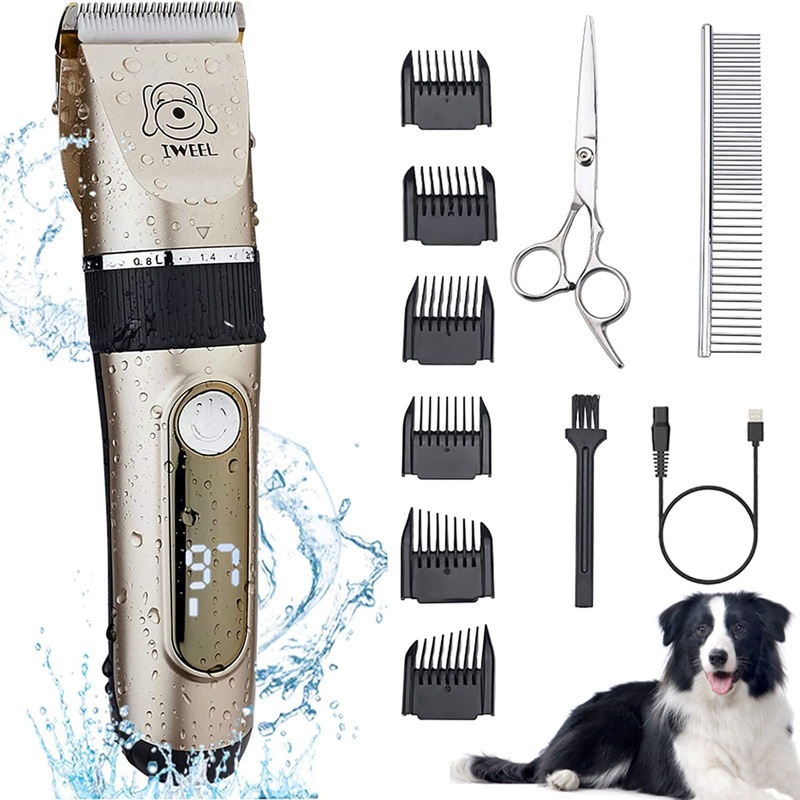Dog Clippers, 2-Speed Professional Rechargeable Cordless Cat Shaver and Low Noise Water Proof Electric Dog Trimmer Pet Grooming Kit Animal Hair Clippers Tool with Scissors Combs Gold