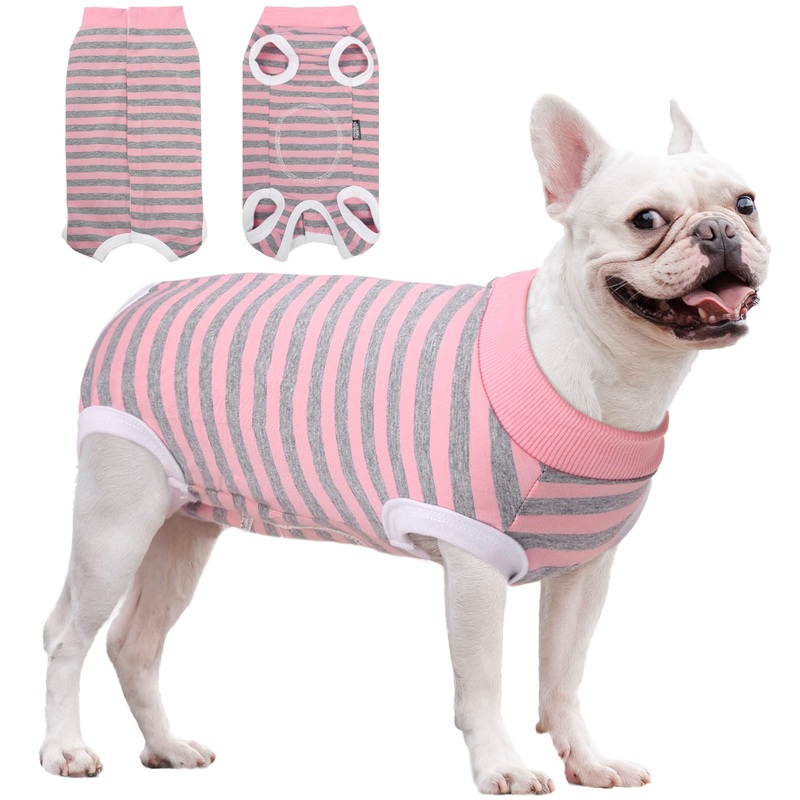 Dog Recovery Suit, Puppy Surgical Pajamas Bodysuit for Dogs Cats After Spay Neuter Surgery Abdominal Wound Bandages, Striped Onesie Pant for Shedding Skin Disease, Anti-Licking Cone Alternative S Small Pink