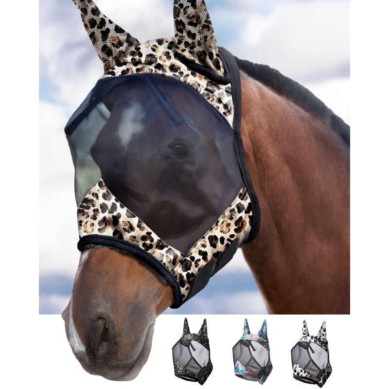 Harrison Howard LumiVista Horse Fly Mask Standard with Ears UV Protection for Horse Leopard Print M Cob Cob (Medium)