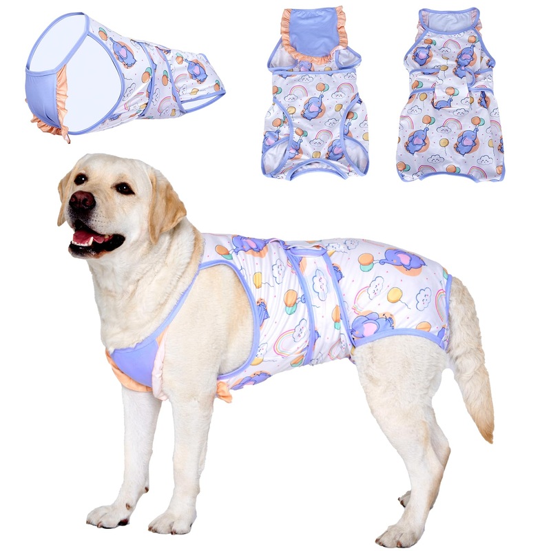 LovinPet Dog Recovery Suit for Large Medium Dogs – Dog’s Bodysuit Wound Protective Surgical for Abdominal Wounds After Surgery Anti-Licking Dog Onesies,Elephant,Yellow,M Yellow collar/Blue