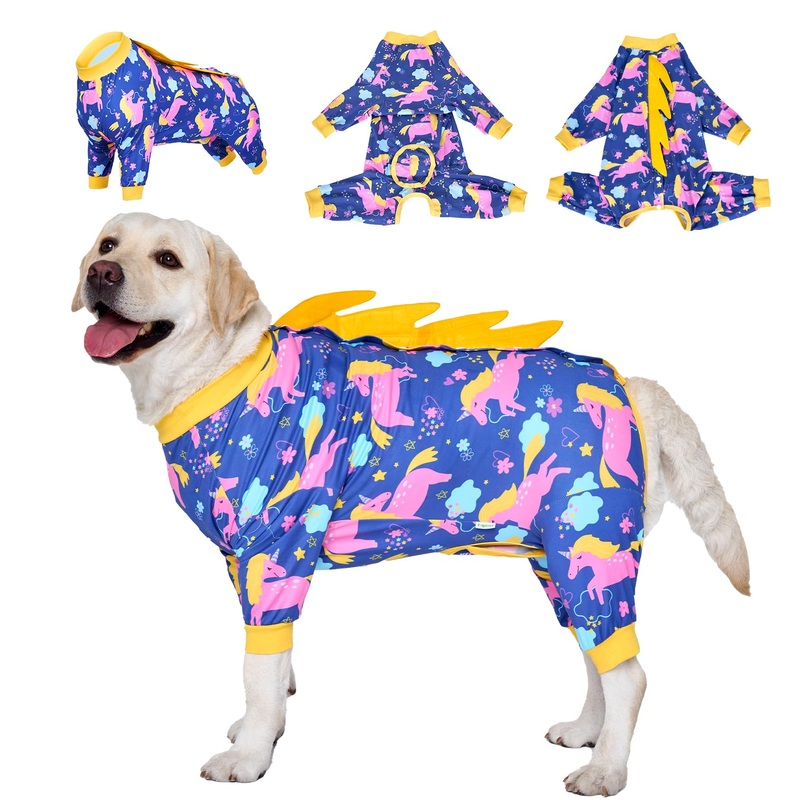 LovinPet Dog Recovery Suit for Large Medium Dogs – Recover Comfortably Well Protection Pet Onesie Dog Shedding Suit Pet Pajamas Dog Anti Licking Snugly Suit,Dog Recovery Suit Male,Unicorn,Yellow,XL XL Yellow collar/Purple