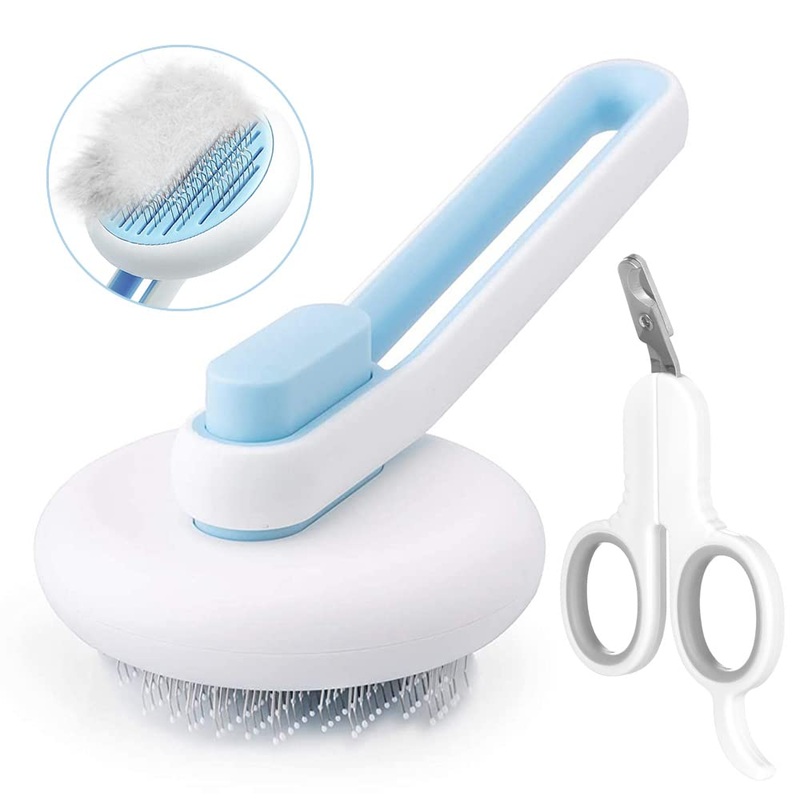 Marchul Cat Brush, Self Cleaning Slicker Brush for Removes Loose Undercoat, Cat Hair Brush with Massage Particles Tip, Grooming Brush for Long and Short Hair Pet (Blue + Pet Nail Clippers) B-Blue