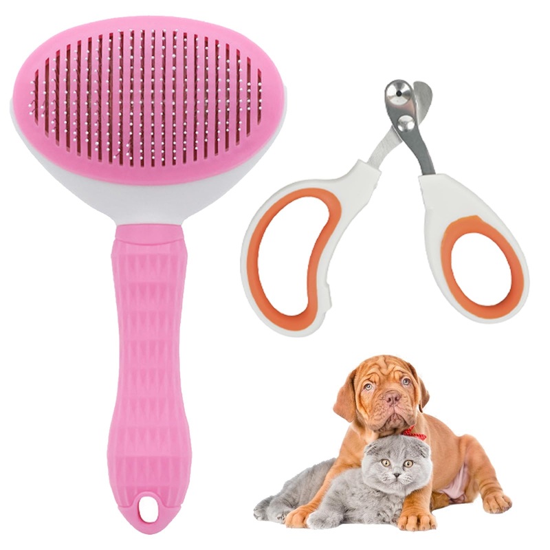 Pet Cat Brushes for Indoor Cats and Cat Nail Clipper Set, Kitten Pet Dog Cat Nail Trimmer for Indoor Cat Hair Brush for Shedding, Cat Claw Trimmer, Kitten Brush Pink