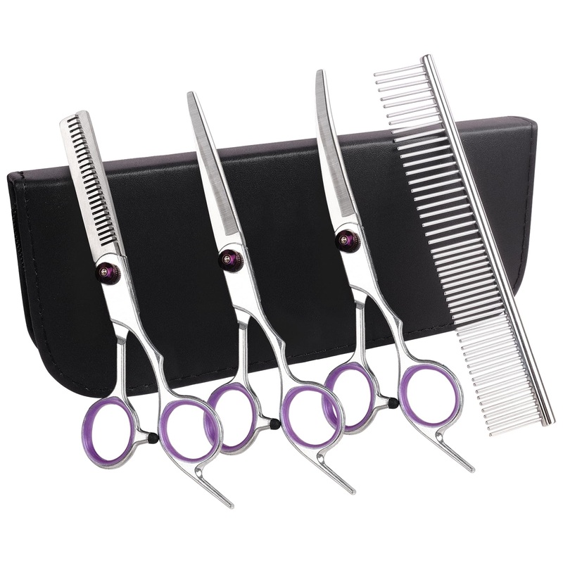 Premium Dog Grooming Scissors with Safety Round Tips, 5 in 1 Dog Grooming Scissors Kit, 4CR Stainless Steel Premium Pet Grooming Shears for Dog, Sharp and Durable, Blue Purple 5 in 1