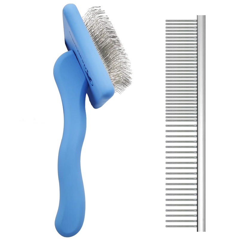 Slicker Brush Value Kit – 50% Wider Large Brush for Long-Haired Dogs and Cats, Ergonomic Wooden Handle, Grooming Brush for Goldendoodle, Poodle blue