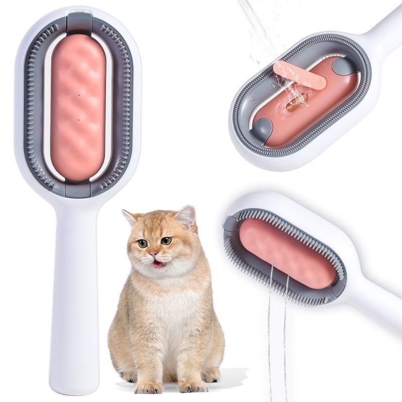 susu & wuwu 2-in-1 Cat Grooming Brush – Wet/Dry Bristles for Removing Pet Hair, With Detachable Water Tank for Cats(Pink) Pink