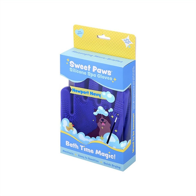 Sweet Paws Silicone Spa Dog & Cat Bathing & Grooming Gloves, 2 Count, Reversible, Nontoxic, & Easy to Clean, Thousands of Massaging Micro-bristles to Pamper your Pet – Newport Navy