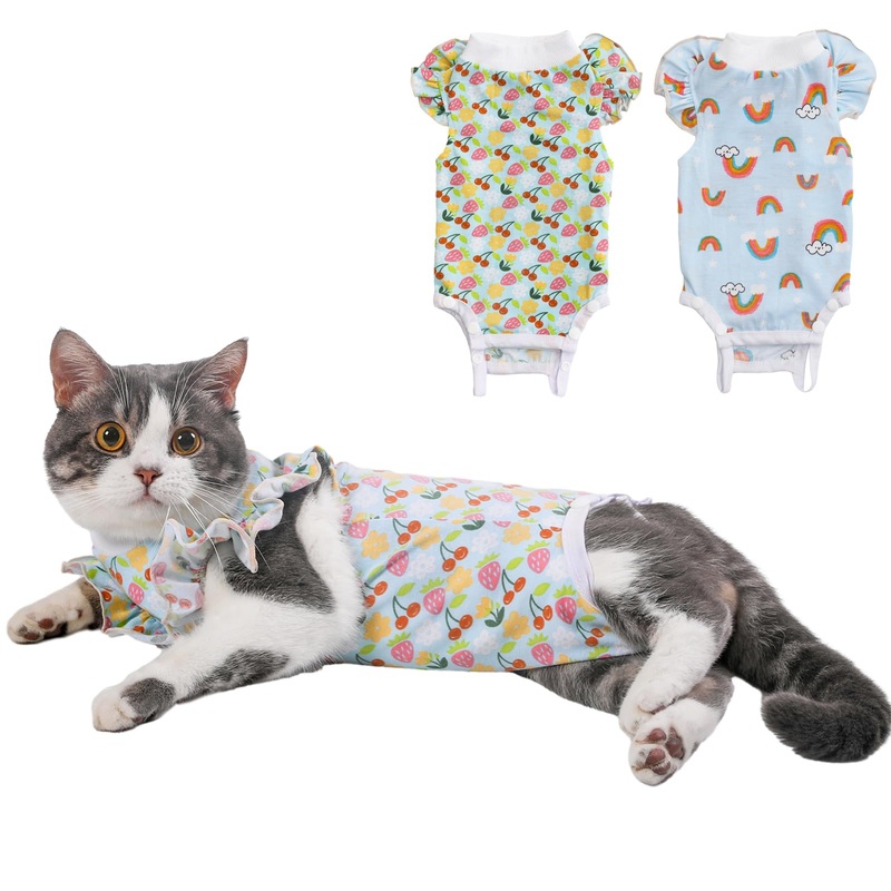 Yeapeeto Cat Recovery Suit 2 Packs After Surgery Bodysuit for Cats, E-Collar Substitute Keep from Licking Abdominal Wounds, Kitten Breathable Clothes, Warm After Shaving (Small) Small Rinbow+Fruit
