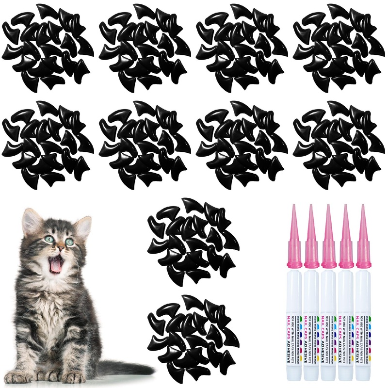 100 pcs Cat Nail Caps | Cat Claw Covers with Adhesives and Applicators | Black (M) Medium