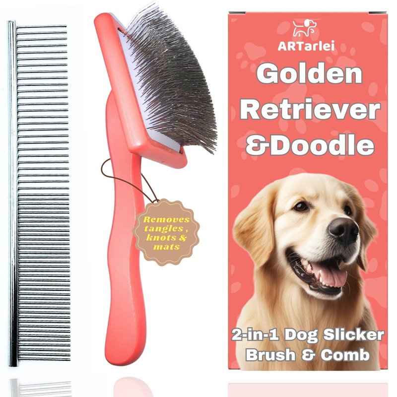 2-in-1 Dog Slicker Brush & Comb for Golden Retriever & Doodle – Easy Detangling & Deshedding, Tailored for Matted Coats of Long Curly Haired Doodle Mixes – Effortless Tangle-Free Grooming Large Coral