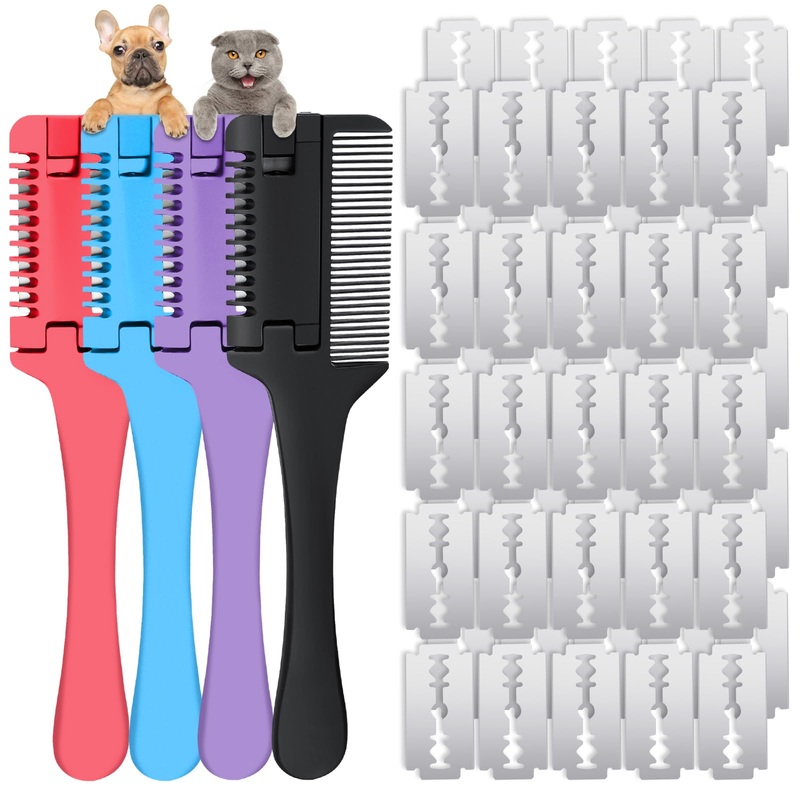 2 in 1 Pet Grooming Tool for Dogs and Cats – Razor Comb with 40 Extra Blades for Trimming, Cutting Hair and Maintaining Coat