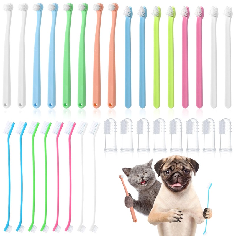 32 Piece Pet Dog Toothbrush Set, Double Sided Brushes, Finger Toothbrush, Long Handle Cat Puppy Tooth Brushing Kit Pet Cleaning Oral Dental Care Supplies