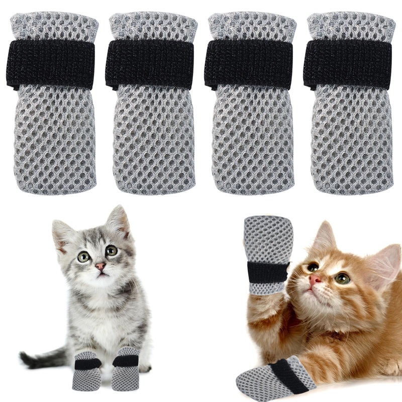 4Pcs Cat Booties Anti Scratch Cat Mittens, Cat Paw Covers Cat Claw Caps Adjustable Cat Nail Caps, Mesh Breathable Cat Shoes, Suitable for Cats When Bathing and Nail Trimming(S,Grey) S