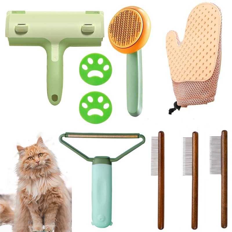 9Pcs Cat Brush, Self-Cleaning Slicker Brush for Long and Short Haired Dogs, Rabbits, and Pets, Grooming and Shedding Brush for Cats, Removes Tangled Hair and Shedding from Pet Mats Easily